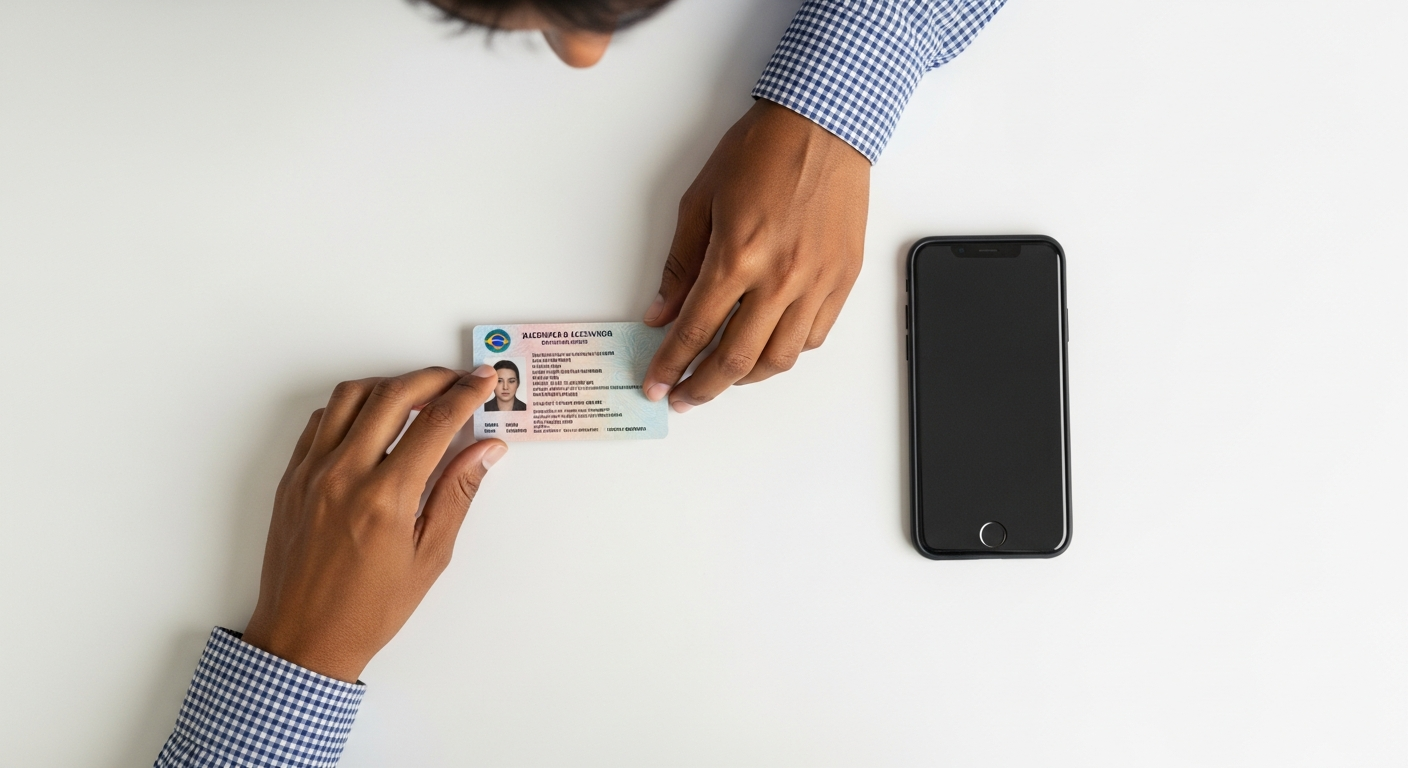 Mãos brasileiras posicionando documento de identidade em superfície branca para foto no app de banco digital