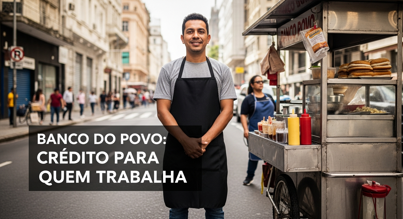 Vendedor de cachorro-quente brasileiro ao lado do seu carrinho de lanche representando empreendedor informal atendido pelo Banco do Povo