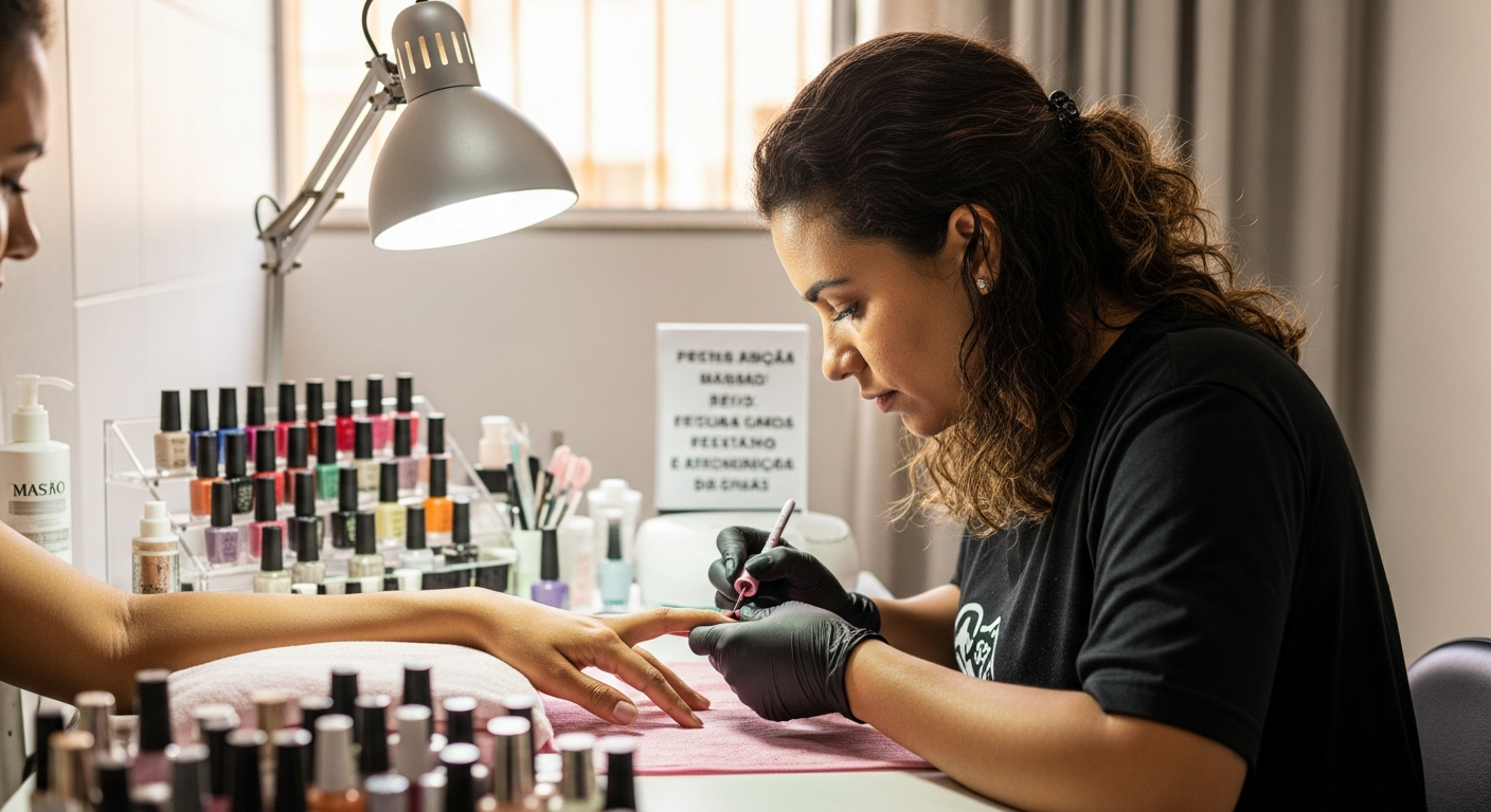 Manicure brasileira atendendo cliente em salão doméstico, perfil de empreendedora informal sem CNPJ