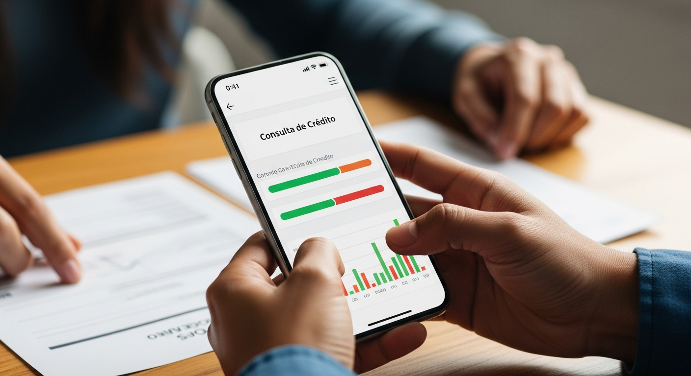 Mãos brasileiras segurando smartphone com aplicativo de consulta de crédito SPC e Serasa ao lado de documentos