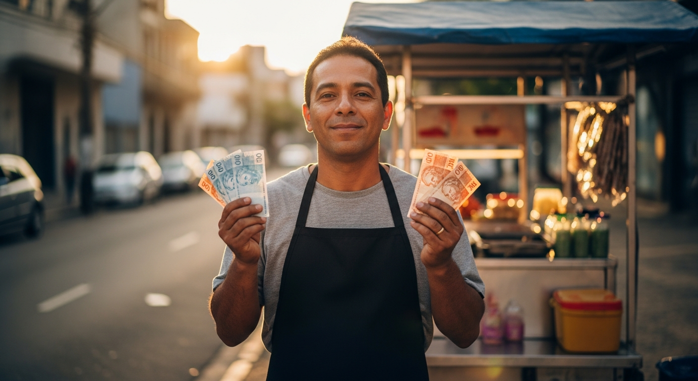 Empreendedor informal brasileiro segurando cédulas de reais na frente do seu negócio de rua