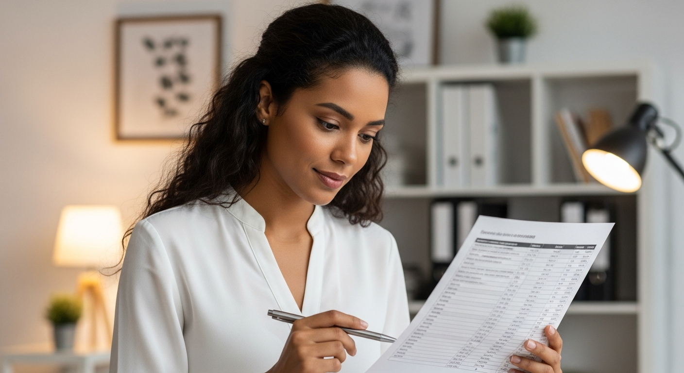Empresária brasileira analisa planilha financeira da empresa para se preparar antes de pedir capital de giro no banco