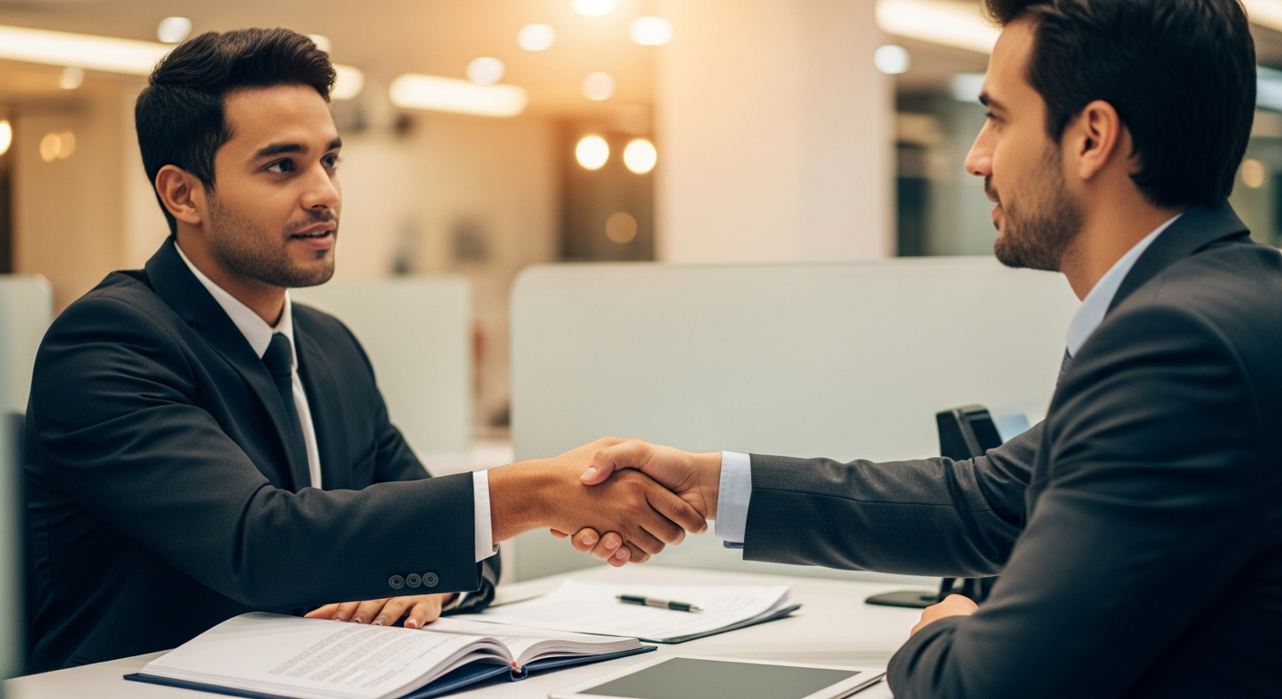 Empresário e gerente de banco brasileiro apertam as mãos construindo relacionamento bancário para aprovação de crédito