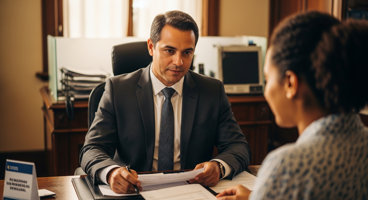 Gerente bancário brasileiro revisando documentos com cliente em agência — rating bancário e aprovação de crédito