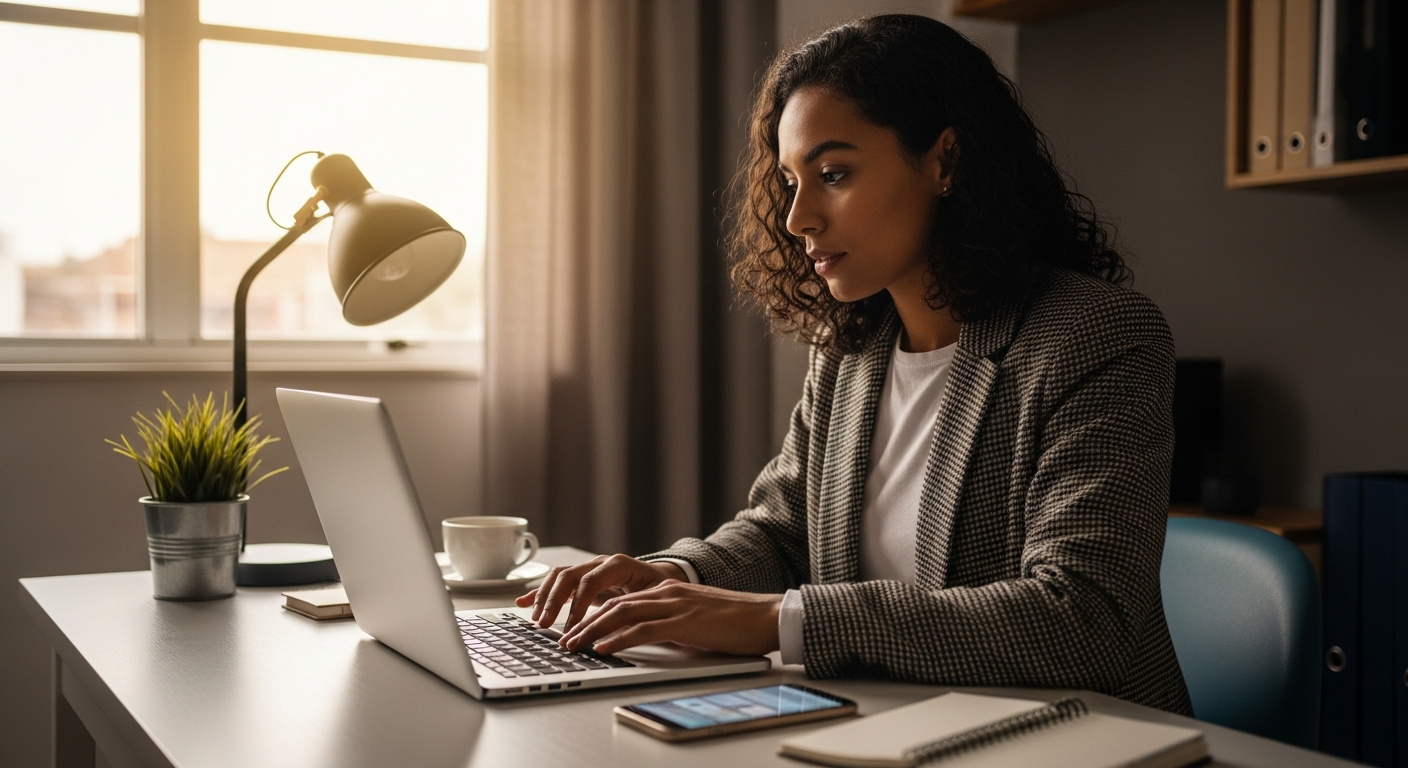 Mulher brasileira organizando finanças pessoais no notebook — concentrar gastos no banco para aprovação do Amex