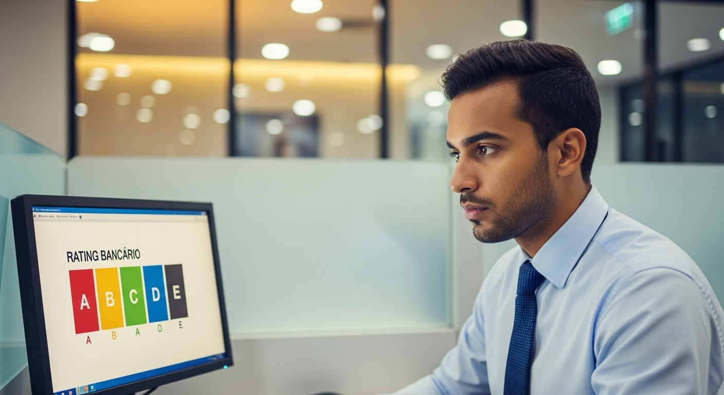 Gerente bancário brasileiro analisando dados financeiros no computador durante avaliação de crédito de cliente com escala de rating A a E visível na tela