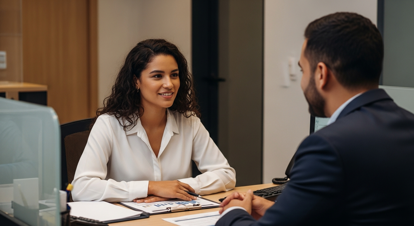 Mulher brasileira negociando condições de cartão de crédito diretamente com gerente em agência bancária presencial