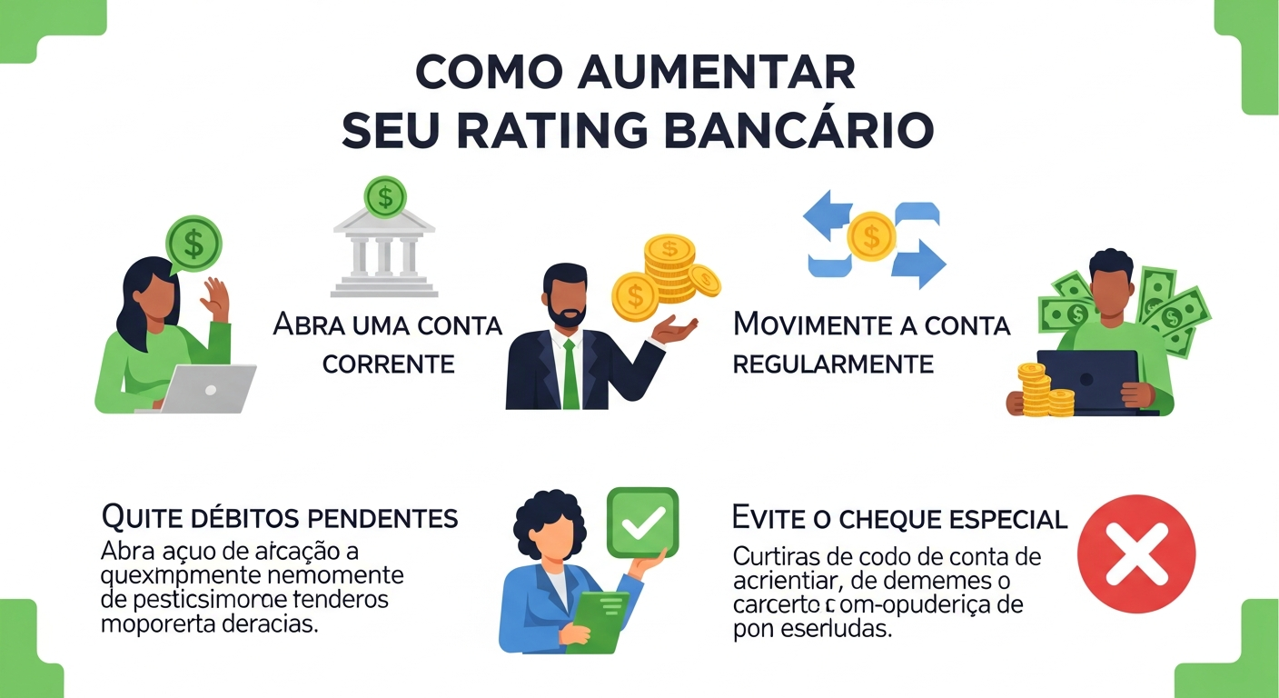 Infográfico em português com 4 passos para aumentar o rating bancário e conseguir aprovação de cartão de crédito para negativado