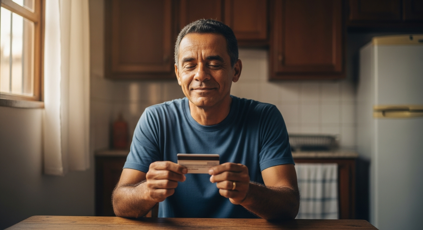 Homem brasileiro segurando cartão de crédito com expressão de alívio após conseguir aprovação mesmo negativado