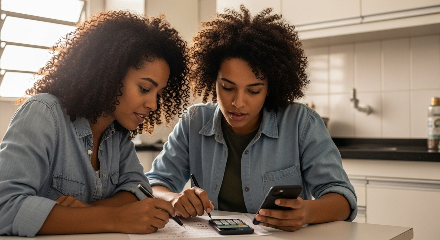 Casal brasileiro calculando entrada de imóvel à mesa com papel de planejamento financeiro
