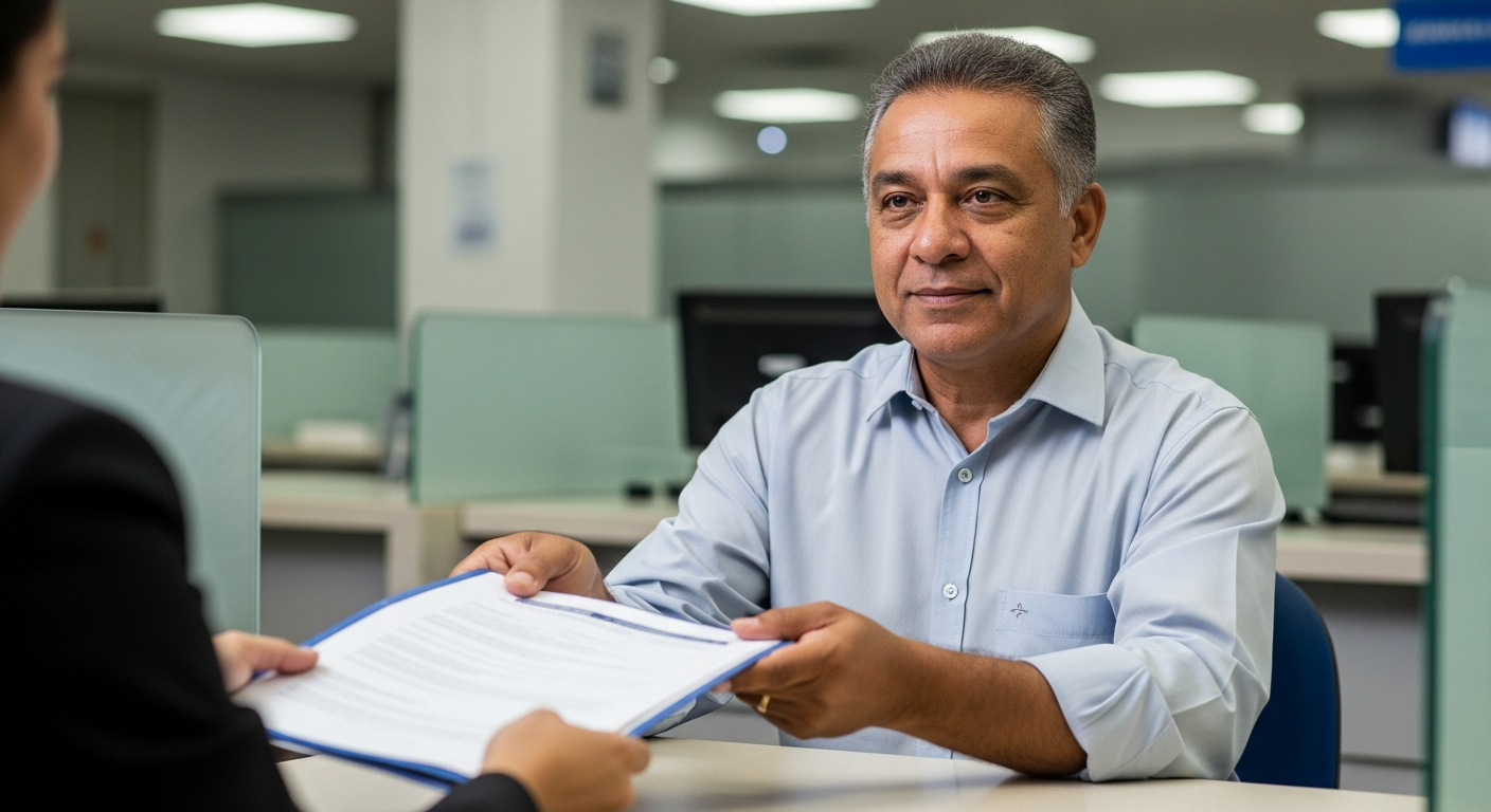 MEI entregando dossiê de documentos organizado em atendimento de financiamento em banco
