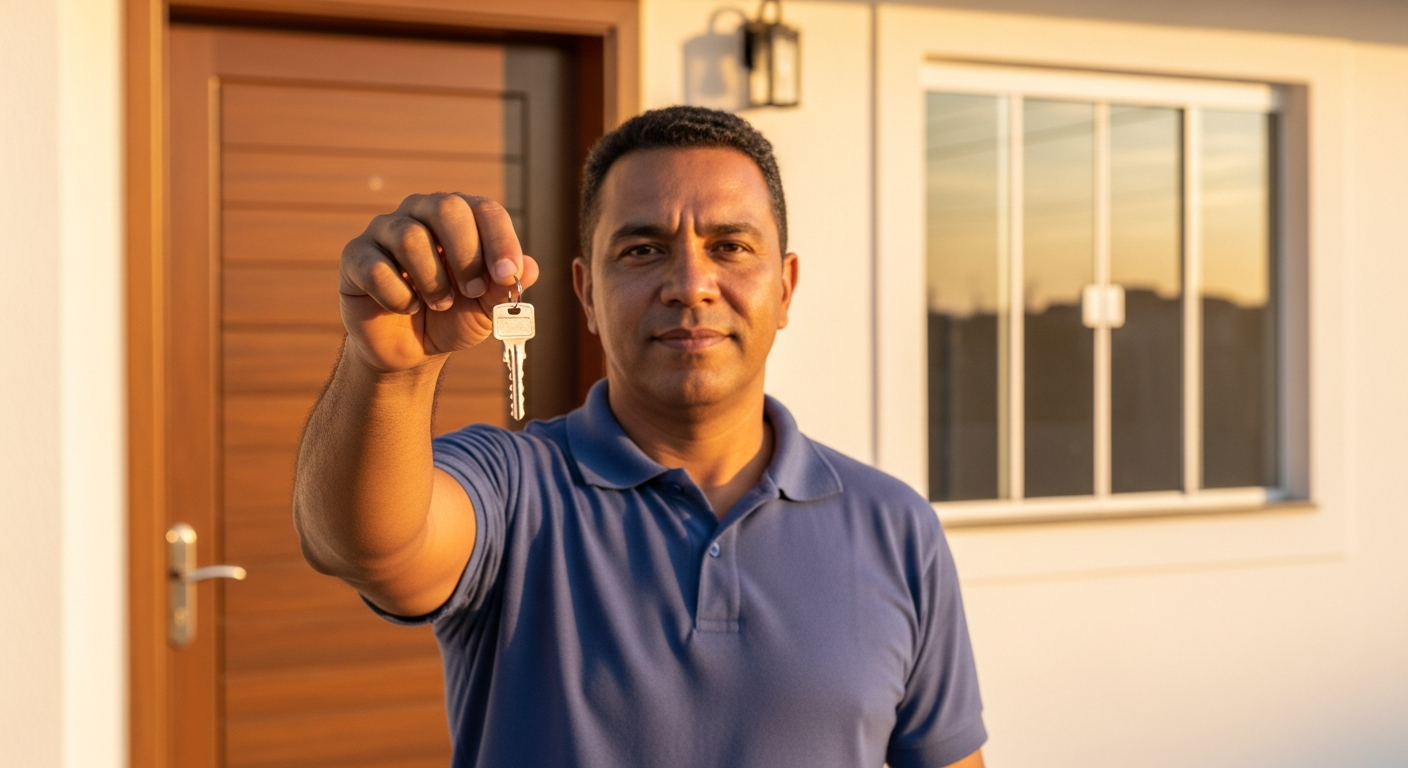 MEI segurando chave de imóvel financiado na frente de casa própria ao entardecer