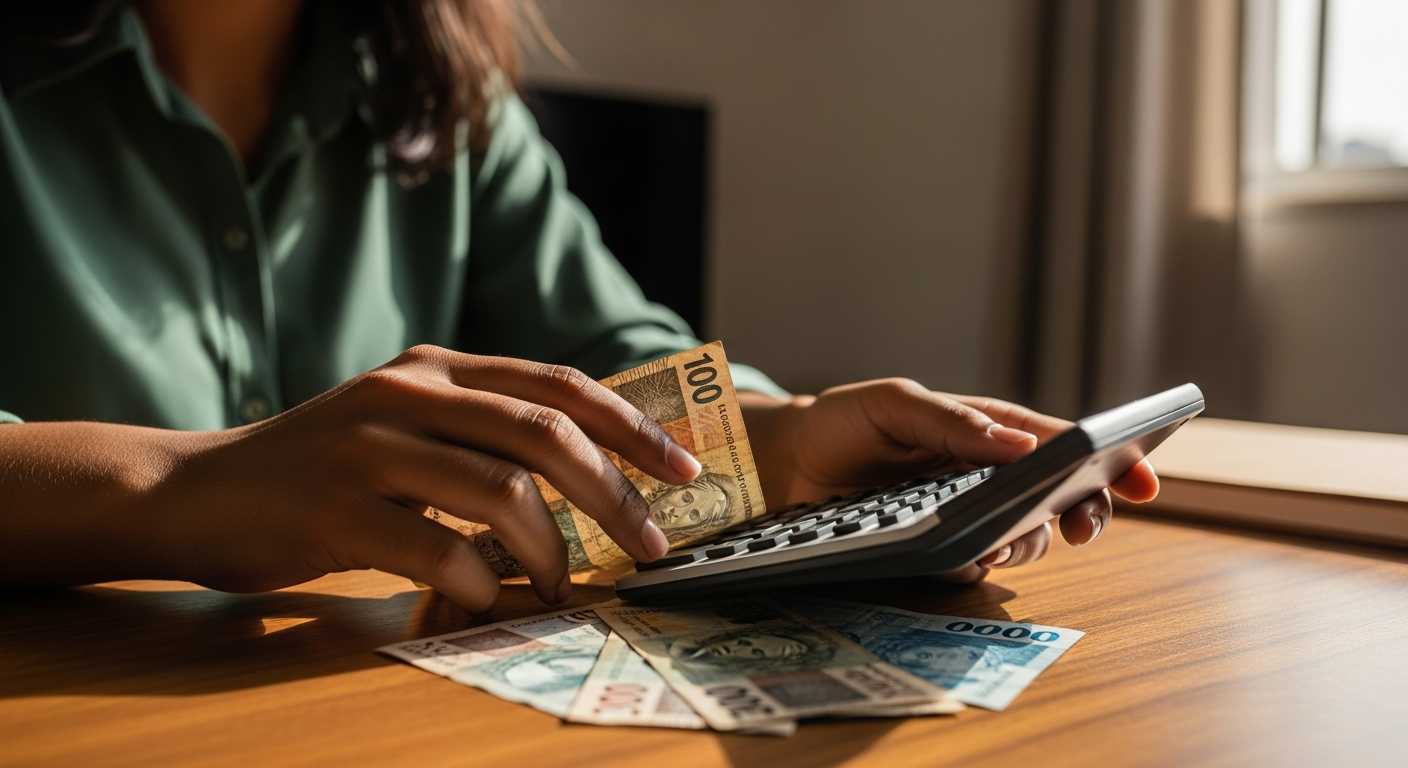 Mãos femininas brasileiras calculando juros do cheque especial com notas de real na mesa