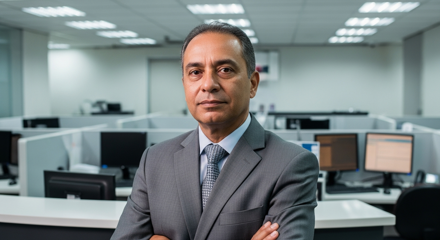Gerente bancário brasileiro de terno atrás do balcão com expressão séria em agência bancária