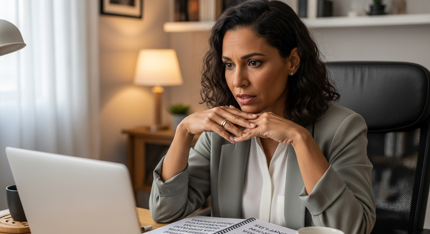 Mulher brasileira concentrada analisando informações financeiras no laptop em home office organizado
