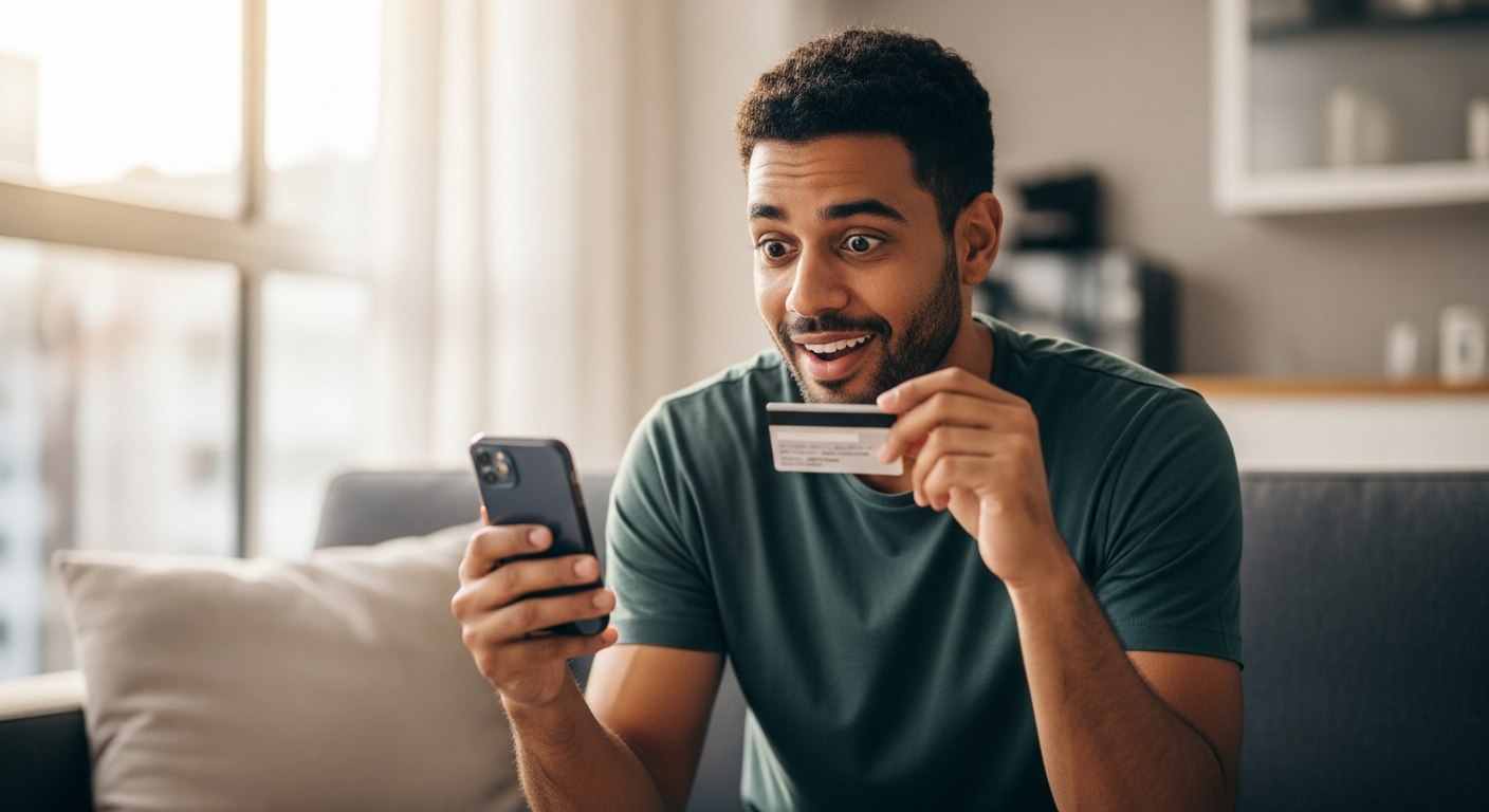 Jovem brasileiro segurando cartão de crédito e celular com expressão de surpresa positiva em sala moderna