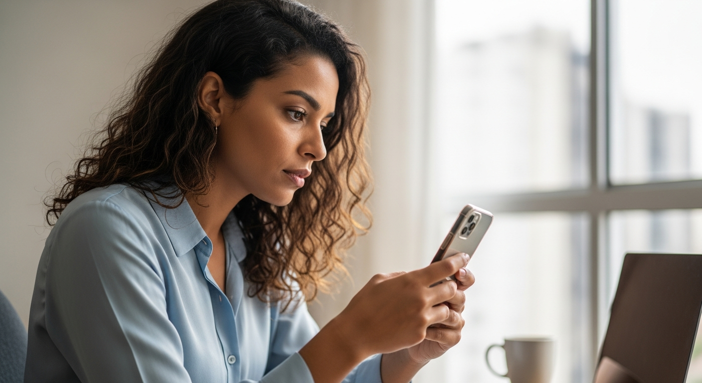 Mulher brasileira verificando rating bancário no aplicativo do celular em home office
