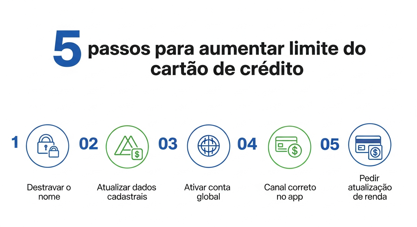 Infográfico com os 5 passos para aumentar limite do cartão de crédito no Nubank C6 Bank e Banco Inter