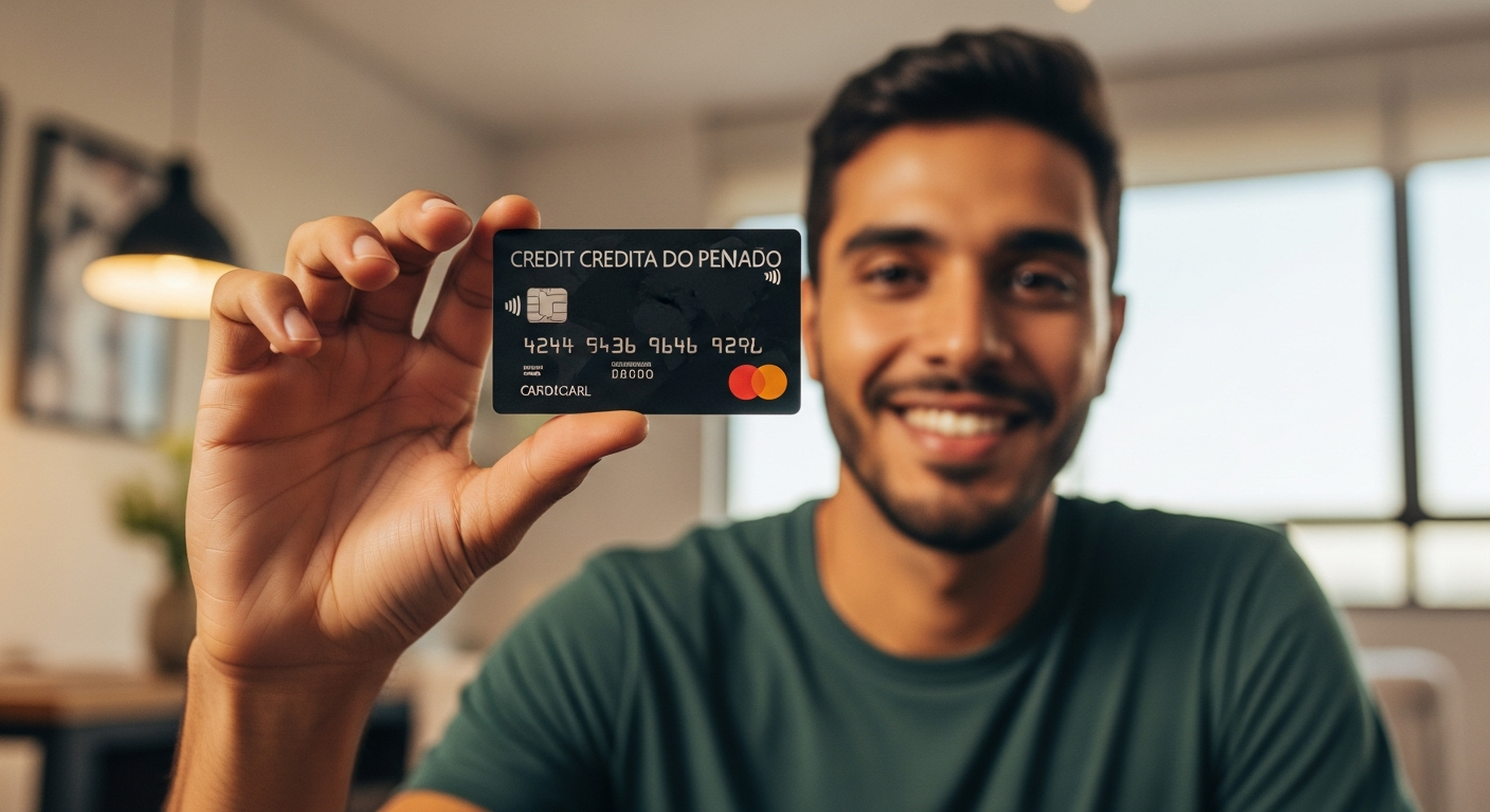 Homem brasileiro segurando cartão de crédito preto com sorriso de satisfação após aumentar limite