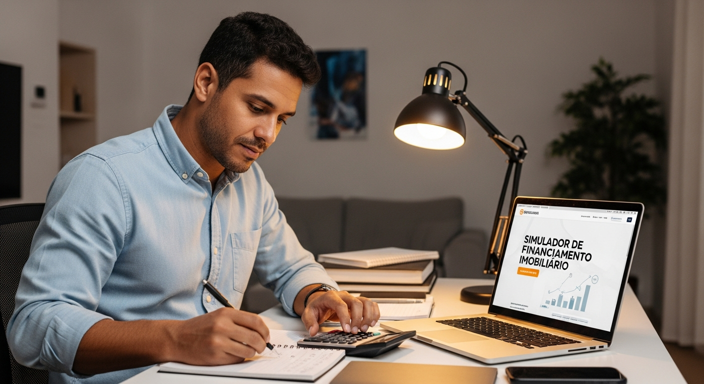 Homem brasileiro calculando capacidade de pagamento de financiamento habitacional com notebook e calculadora