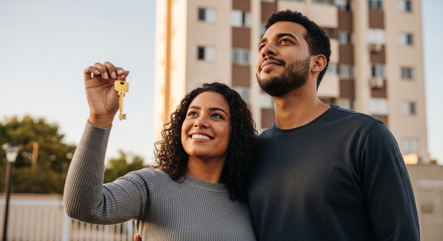 Casal brasileiro jovem segurando chave em frente a prédio residencial após conquistar financiamento imobiliário