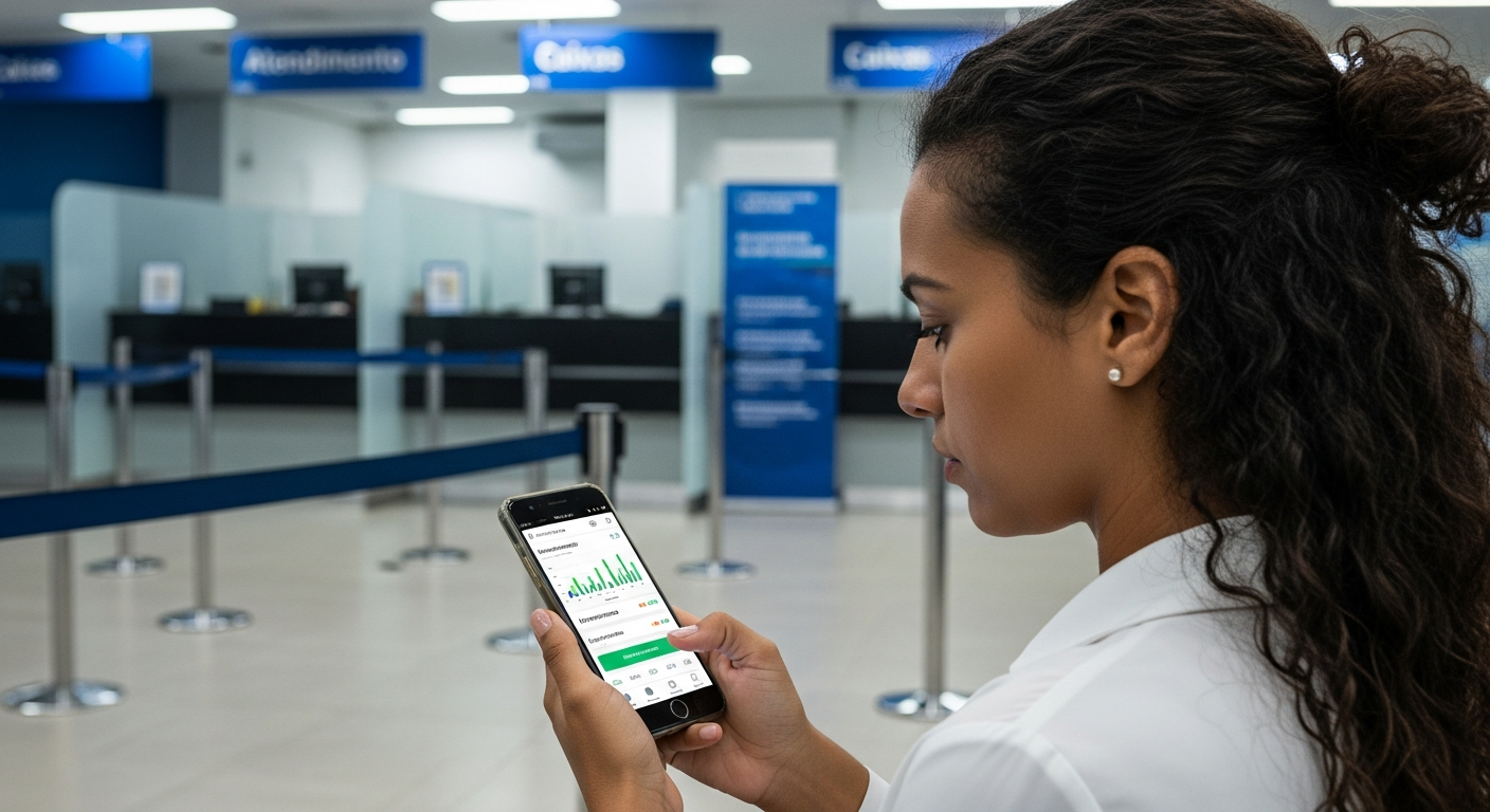 Mulher brasileira comparando opções de crédito consignado CLT no aplicativo do banco