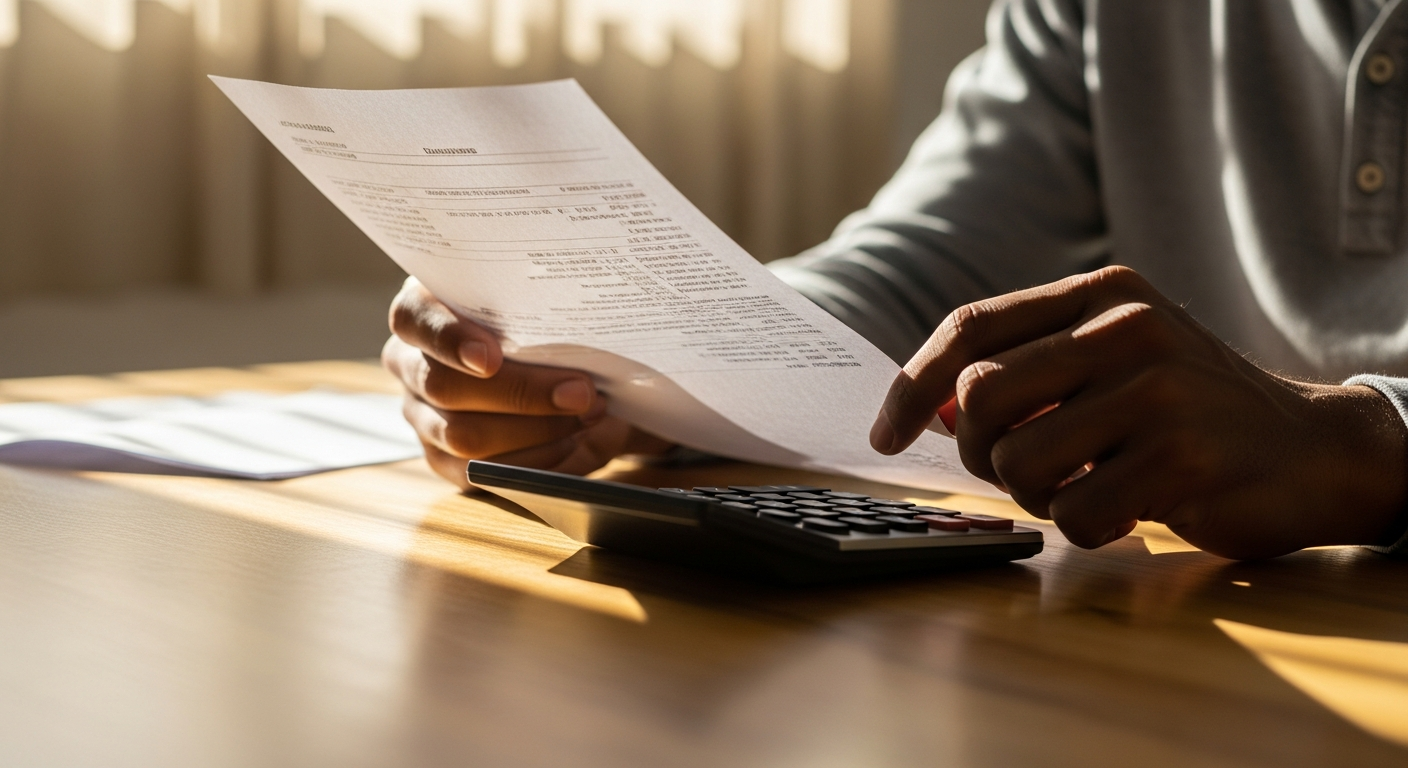Trabalhador calculando margem consignável de 35% do salário bruto com contracheque e calculadora
