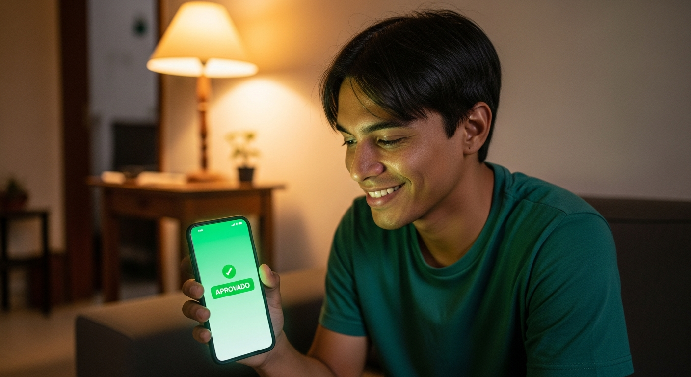 Trabalhador brasileiro sorrindo com aprovação do crédito do trabalhador no aplicativo do Banco do Brasil