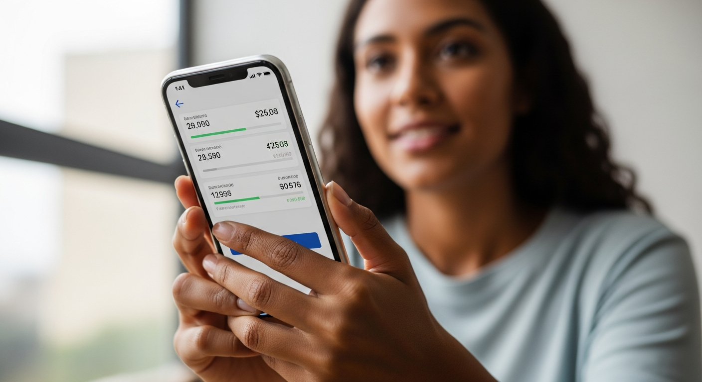 Mulher brasileira segurando celular com simulação de crédito do trabalhador em aplicativo de banco