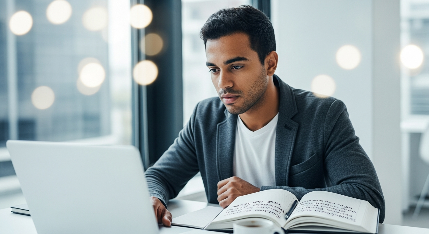 Homem brasileiro analisando crédito e rating bancário no notebook em ambiente de coworking