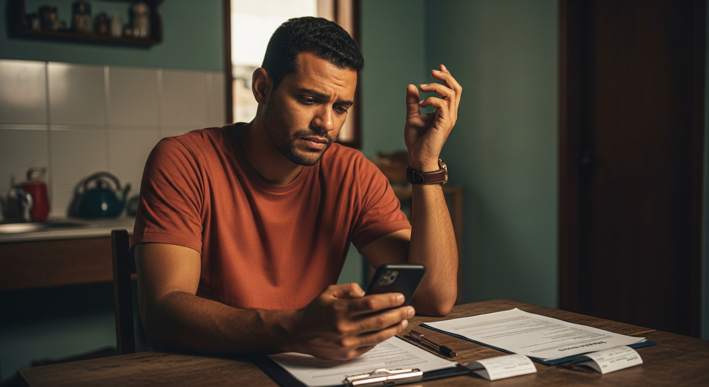 Trabalhador brasileiro frustrado olhando celular após crédito do trabalhador não aprovado, documentos na mesa