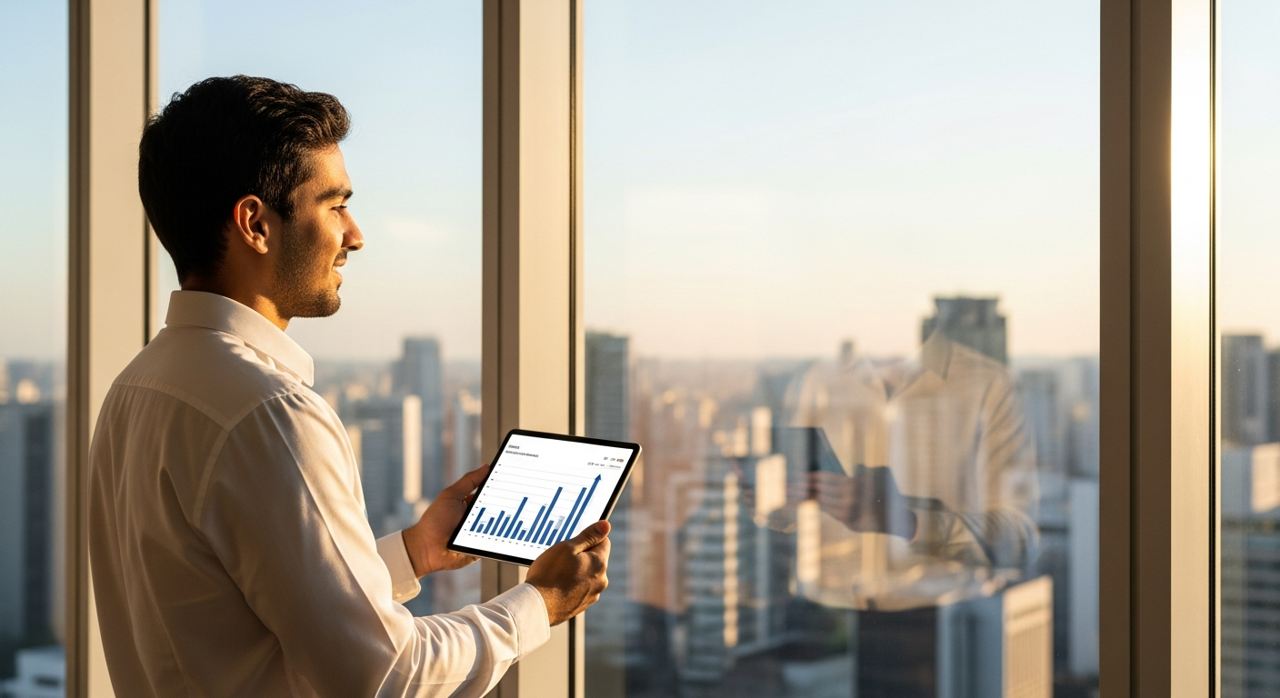 Empresário brasileiro confiante com tablet mostrando crescimento financeiro — Score Alfa e crédito PJ