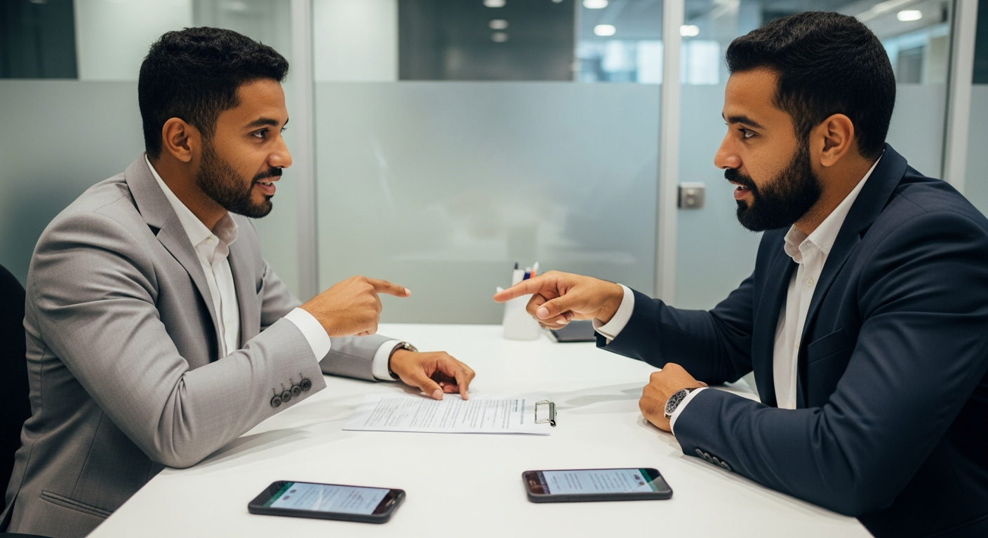 Empresário brasileiro negociando taxa de juros com gerente bancário comparando propostas de crédito PJ