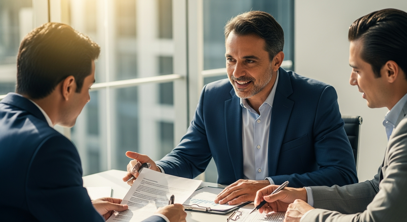 Empresário brasileiro negociando crédito para empresa limitada com gerente bancário em reunião corporativa