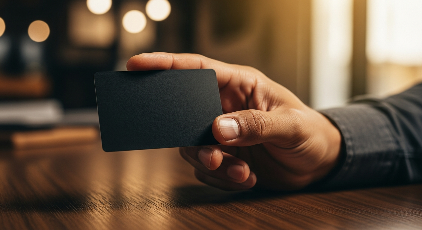 Mão segurando cartão de crédito black premium sobre mesa escura — como conseguir cartão black com limite alto