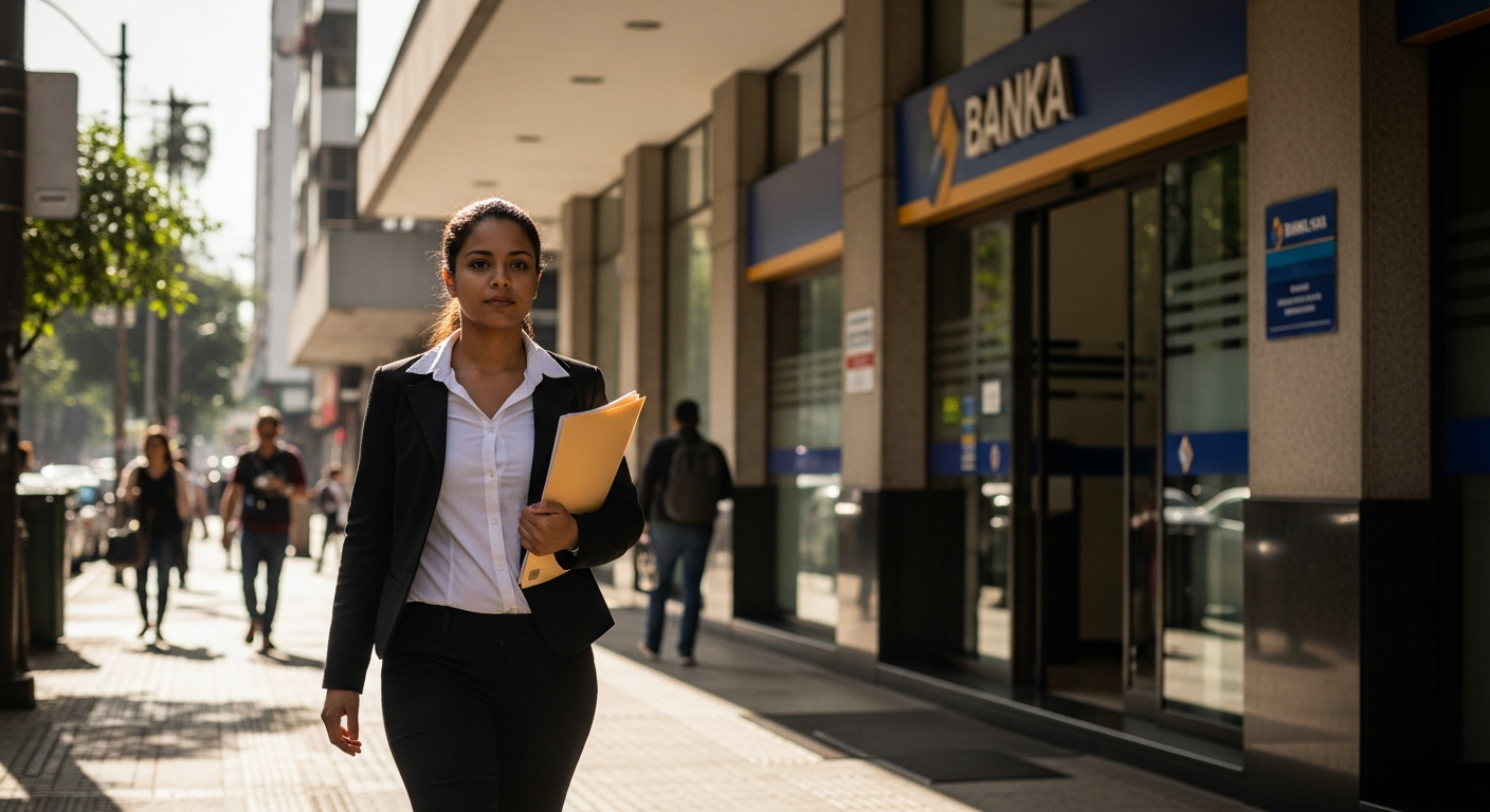 Mulher empresária brasileira se dirige a agência bancária credenciada com documentos do PRONAMPE