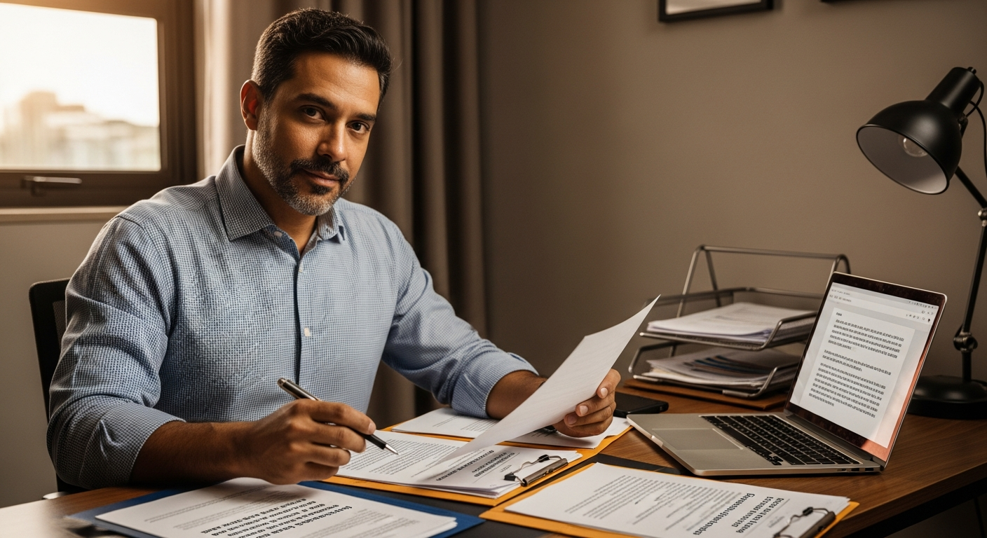 Empresário brasileiro analisa documentos para solicitar empréstimo PRONAMPE em escritório organizado