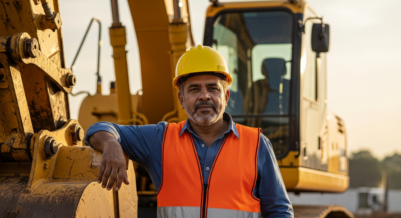 Empresário brasileiro com capacete apoiado em escavadeira hidráulica em canteiro de obras ao entardecer
