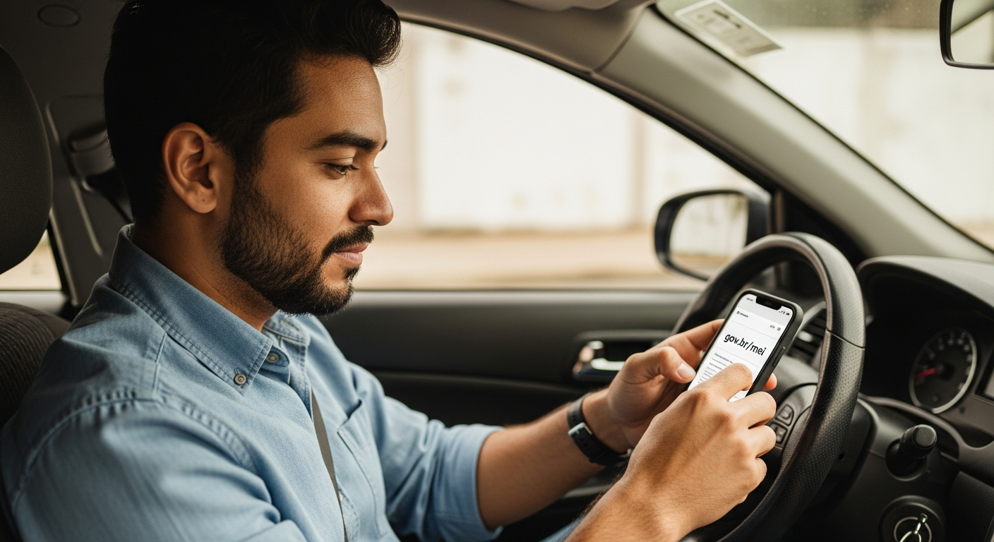 Motorista brasileiro abrindo MEI pelo celular dentro do carro seguindo passo a passo no gov.br
