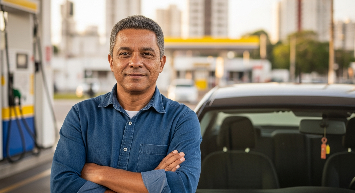 Motorista de aplicativo brasileiro tranquilo encostado no carro após garantir benefícios do INSS pelo MEI