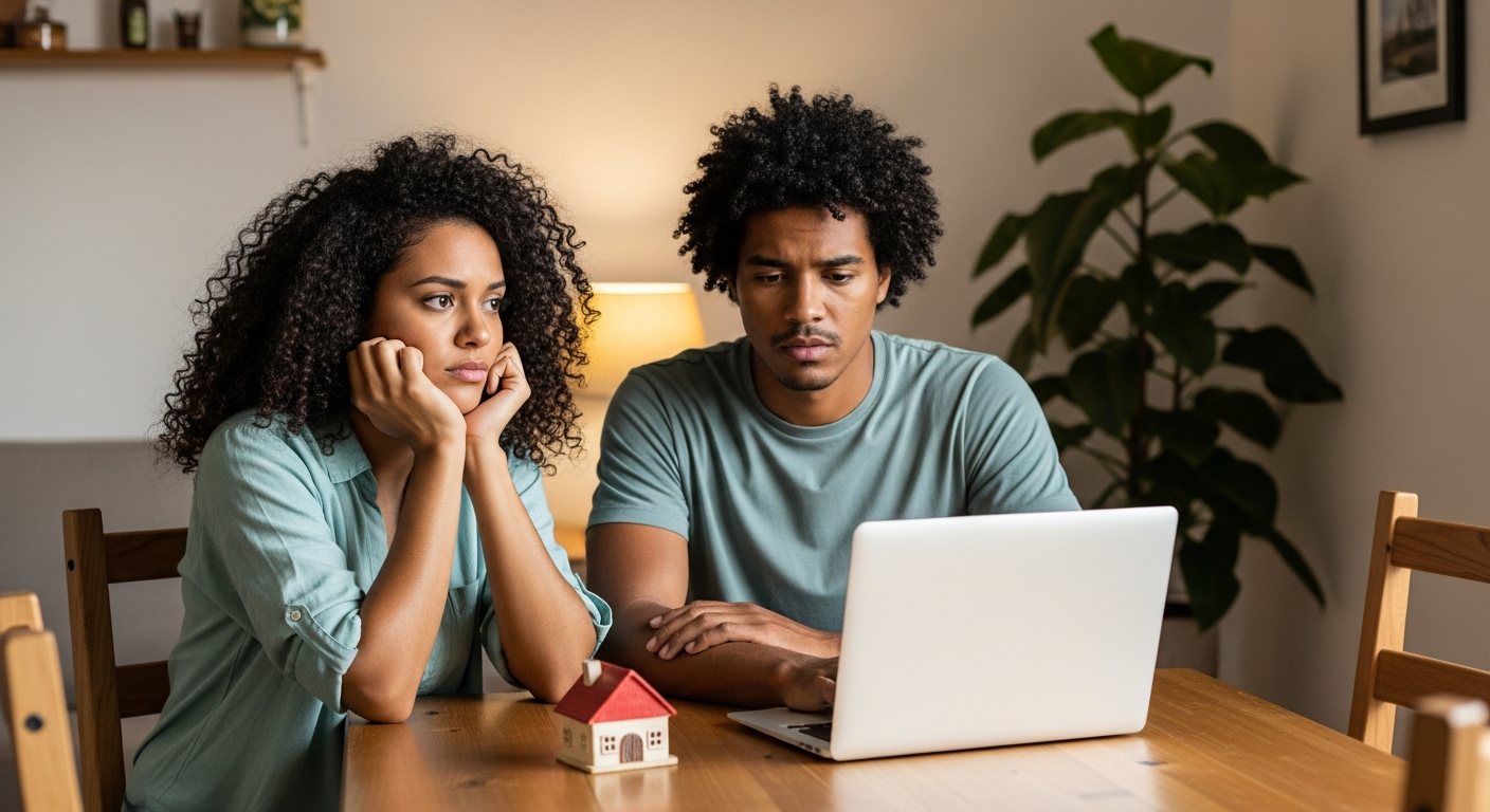 Casal brasileiro preocupado pesquisando financiamento imobiliário em notebook — sonho da casa própria
