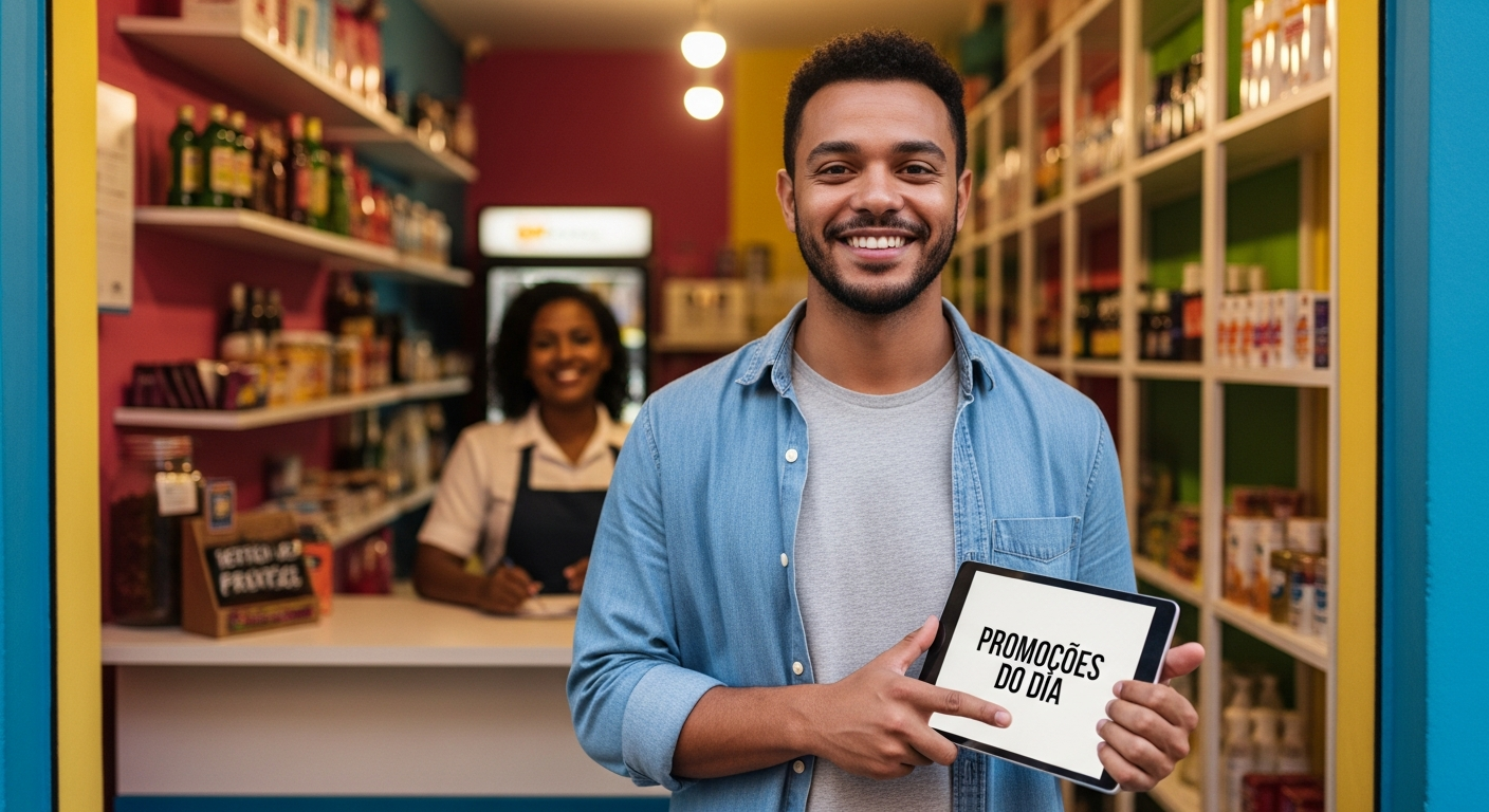 Empreendedor brasileiro sorridente em frente ao seu negócio usando tablet — banco digital para PJ