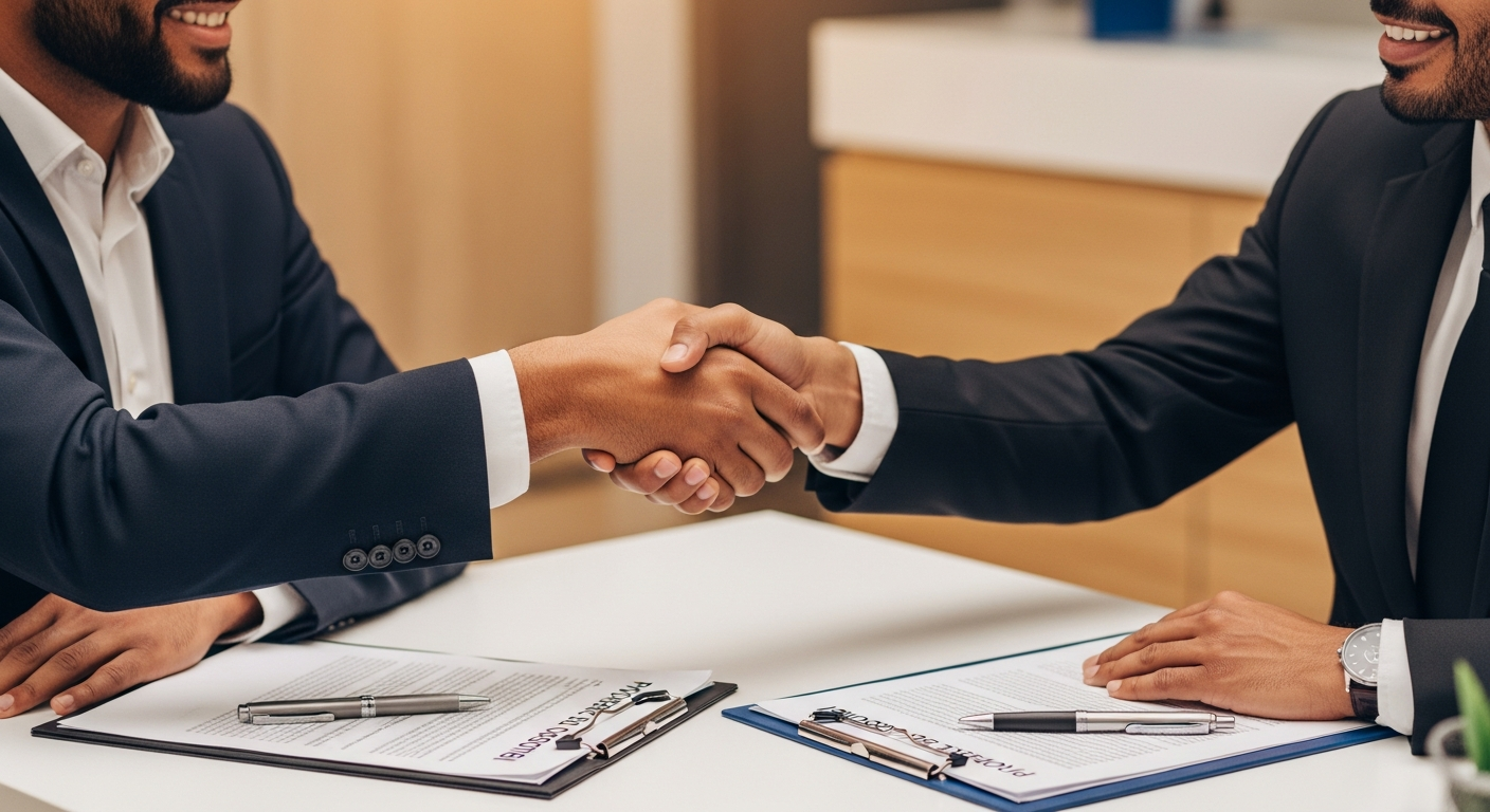Empreendedor e gerente bancário apertando as mãos em reunião de crédito para MEI