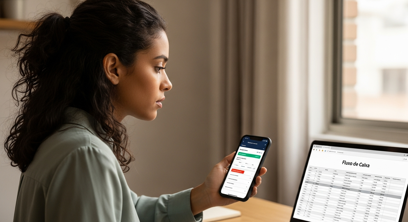 Empreendedora brasileira comparando opções de banco digital para MEI no celular e notebook