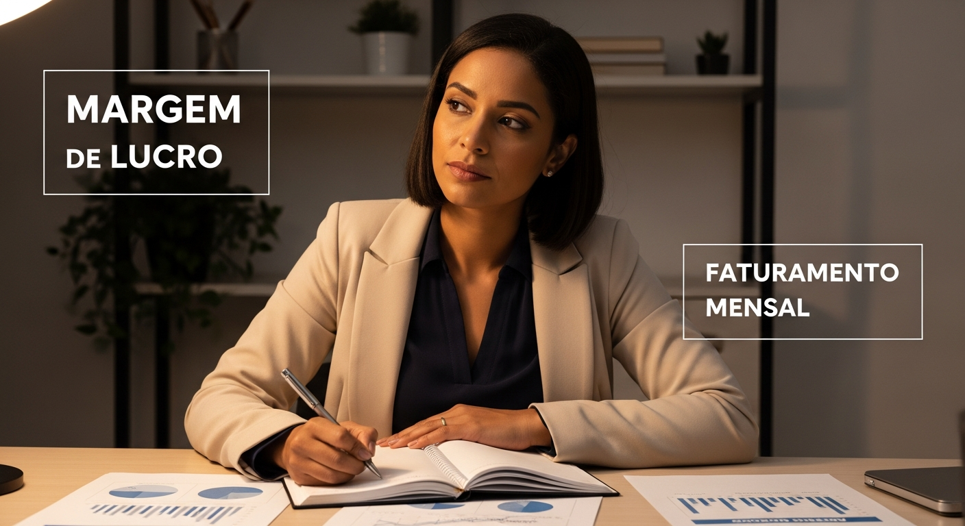 Microempreendedora brasileira analisando margem de lucro e faturamento do seu negócio