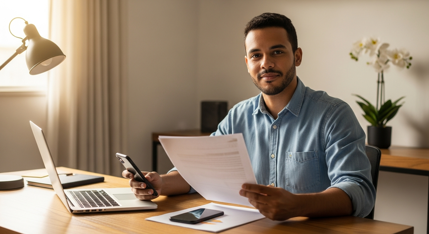 Jovem MEI brasileiro segurando nota fiscal em home office organizado com notebook e celular sobre a mesa