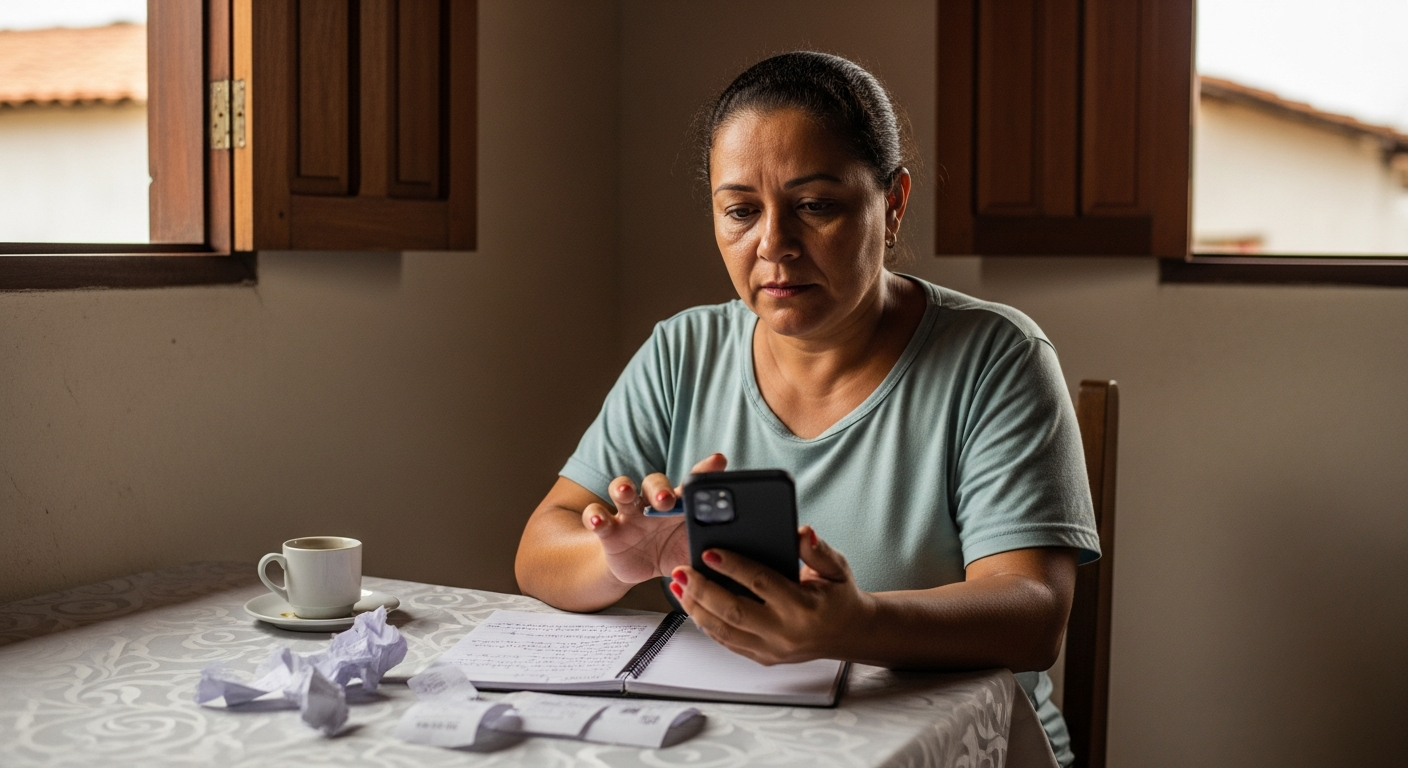 Mulher trabalhadora informal brasileira analisa movimentação do Pix no celular em mesa doméstica com recibos