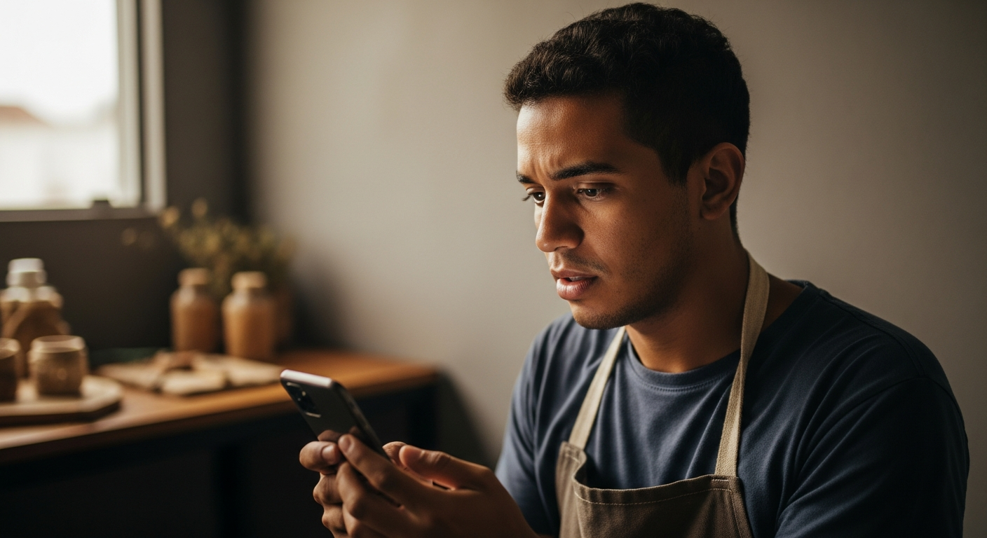 Trabalhador informal brasileiro olha para celular preocupado com nova regra do Pix e monitoramento da Receita Federal