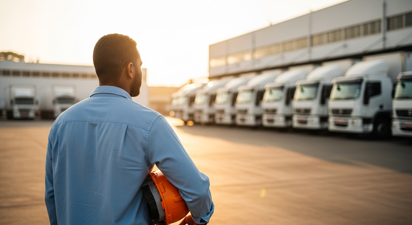 Empresário de transportadora observa frota de caminhões em pátio logístico ao amanhecer no Brasil