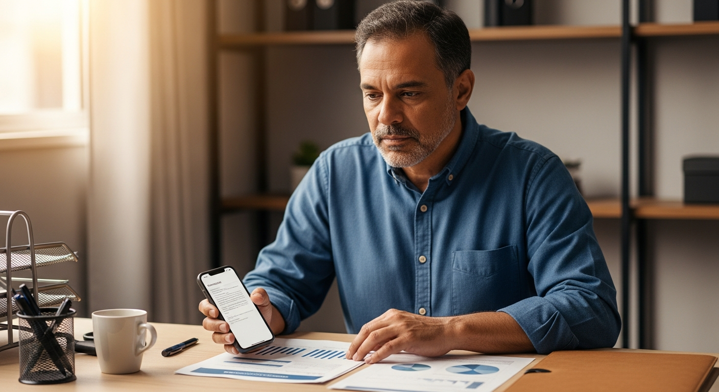 Empresário brasileiro analisa documentos financeiros e celular com app bancário em escritório de pequena empresa